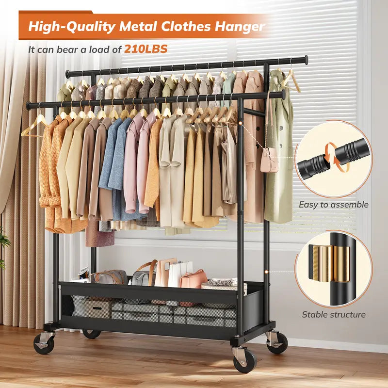 Heavy Duty Clothing Racks with NetPocket Holds Up to 210lbs