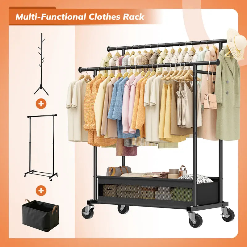 Heavy Duty Clothing Racks with NetPocket Holds Up to 210lbs